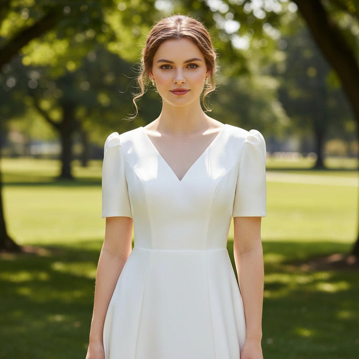 Satin A-Line V-Neck Wedding Dress with Ankle Length - Rosymae