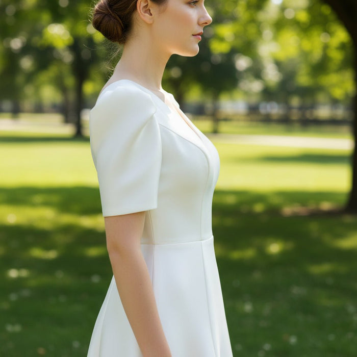 Satin A-Line V-Neck Wedding Dress with Ankle Length - Rosymae