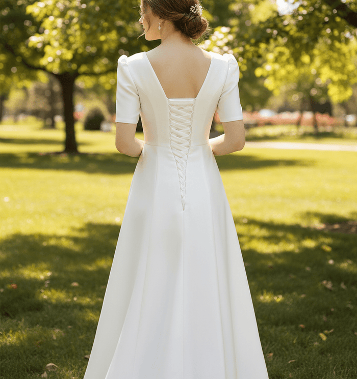 Satin A-Line V-Neck Wedding Dress with Ankle Length - Rosymae