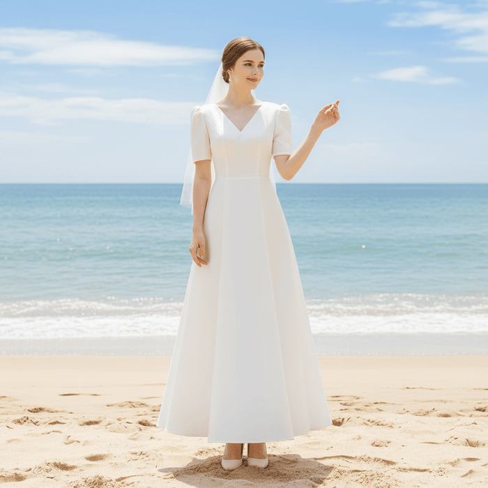 Satin A-Line V-Neck Wedding Dress with Ankle Length - Rosymae
