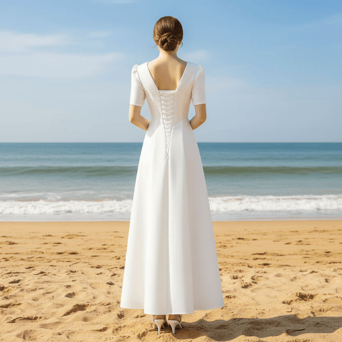 Satin A-Line V-Neck Wedding Dress with Ankle Length - Rosymae
