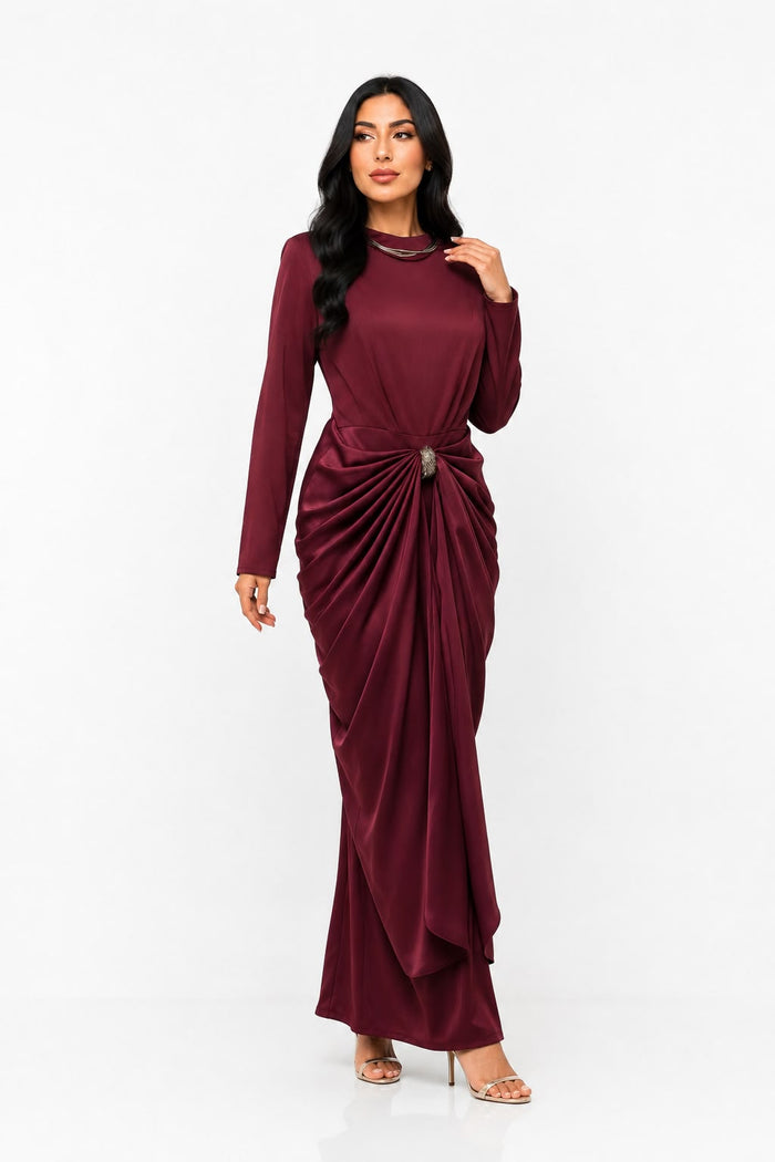 Satin Draped Long Sleeve Midi Dress - Burgundy
