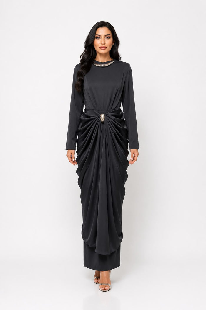 Satin Draped Long Sleeve Midi Dress - Burgundy