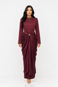 Satin Draped Long Sleeve Midi Dress - Burgundy