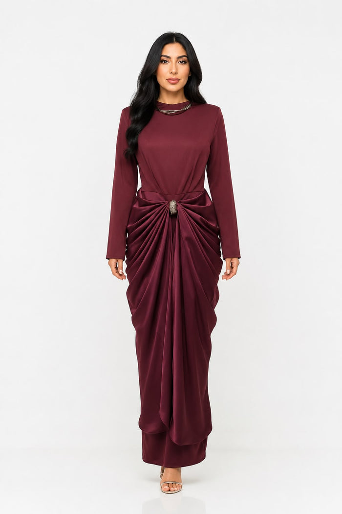 Satin Draped Long Sleeve Midi Dress - Burgundy