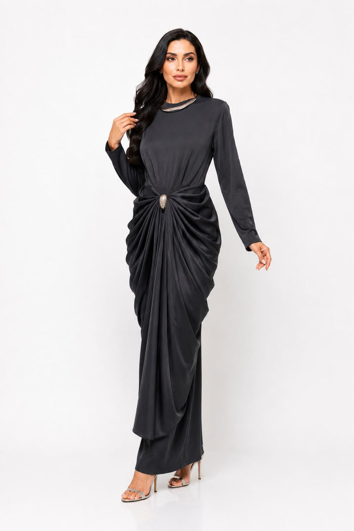 Satin Draped Long Sleeve Midi Dress - Burgundy
