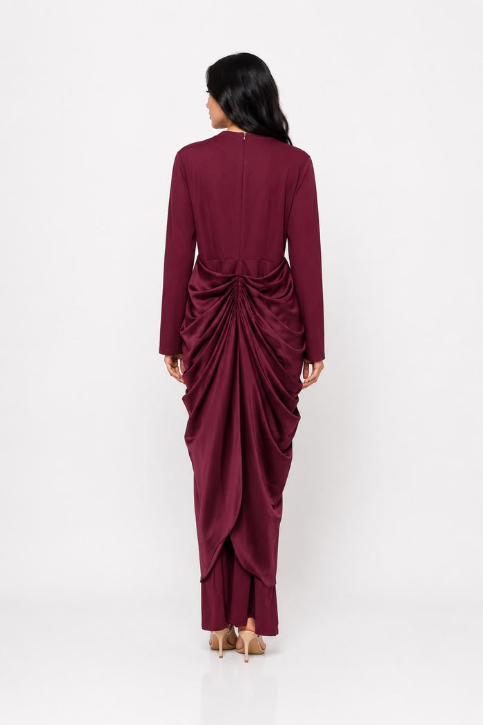 Satin Draped Long Sleeve Midi Dress - Burgundy
