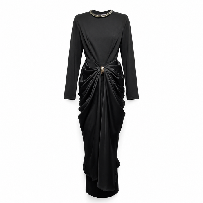 Satin Draped Long Sleeve Midi Dress - Burgundy