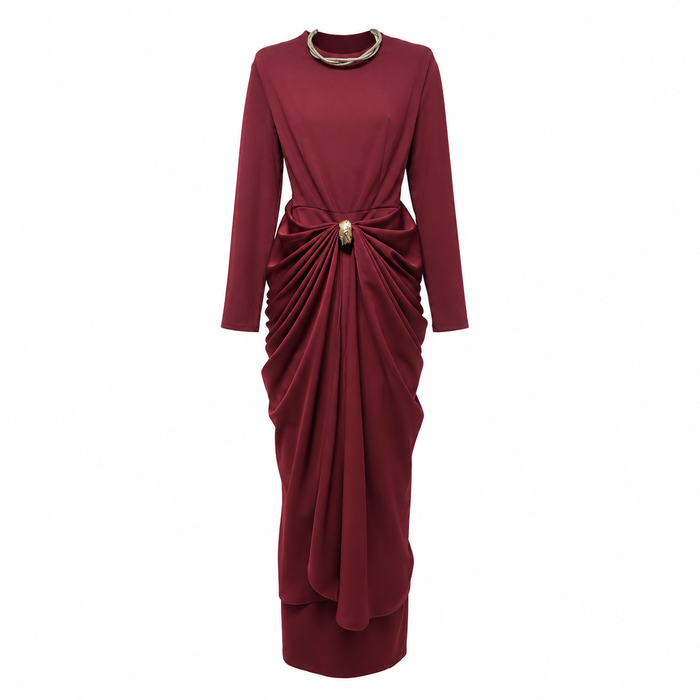 Satin Draped Long Sleeve Midi Dress - Burgundy