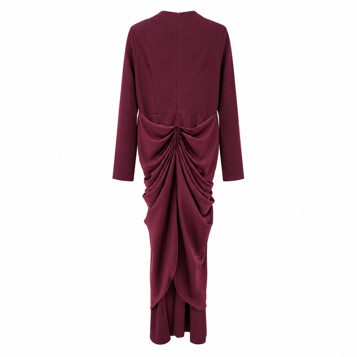 Satin Draped Long Sleeve Midi Dress - Burgundy