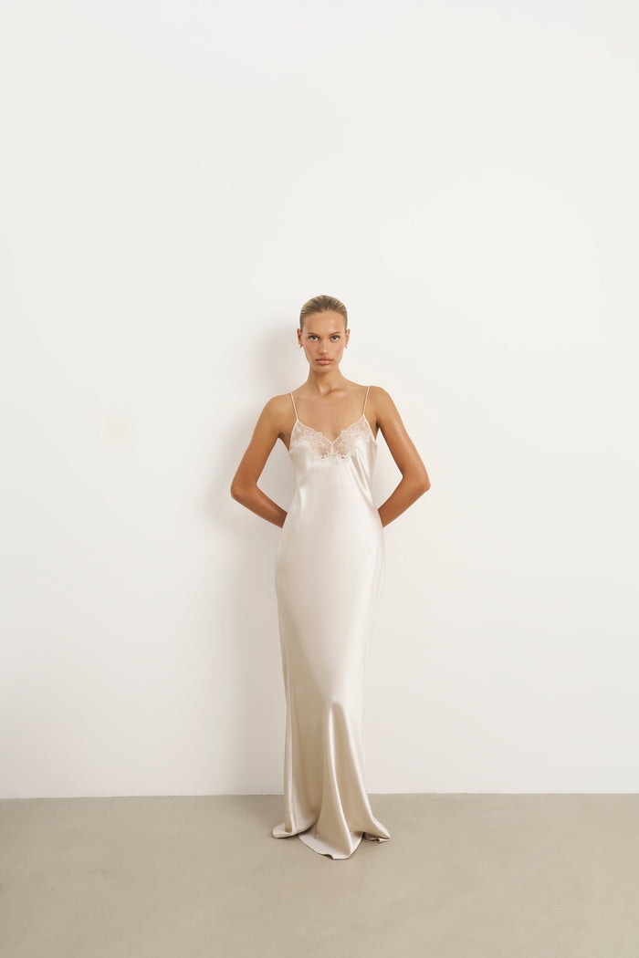 Satin Lace Detail Camisole Maxi Dress - Champagne