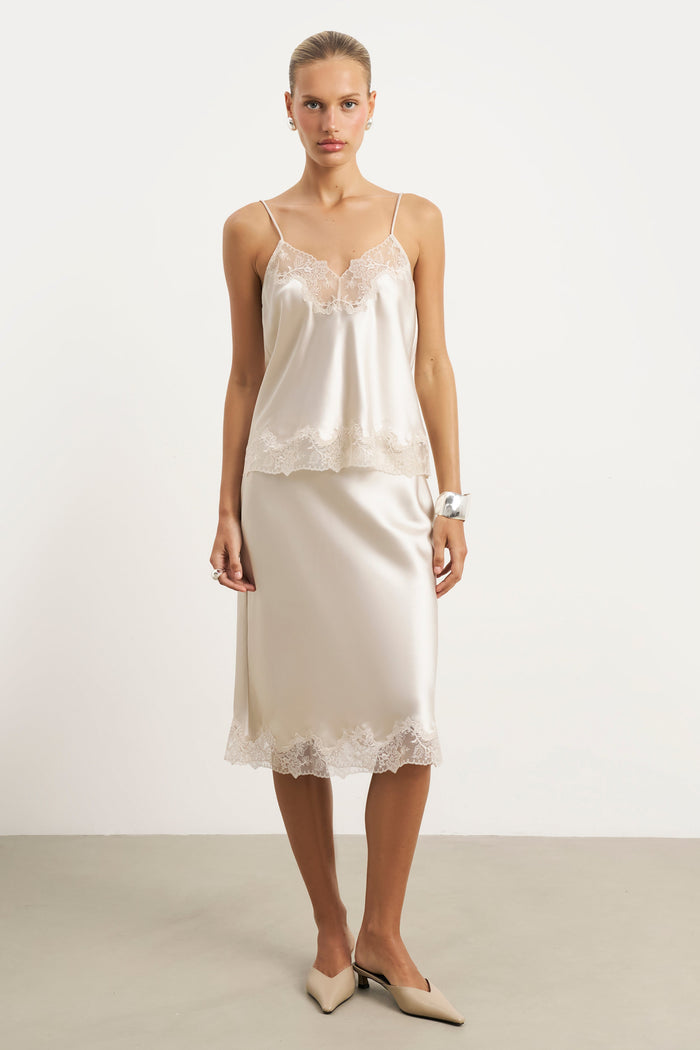 Satin Lace Detail Midi Skirt - Champagne