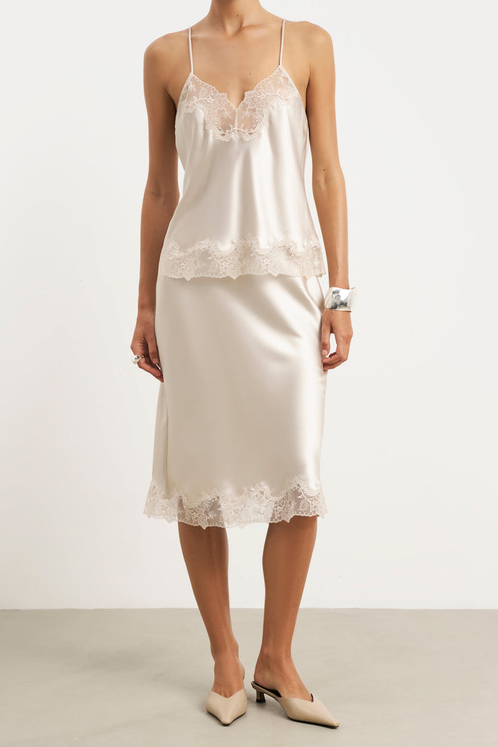 Satin Lace Detail Midi Skirt - Champagne