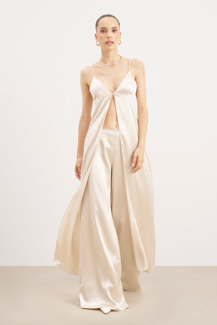 Satin V Neck Longline Camisole - Champagne