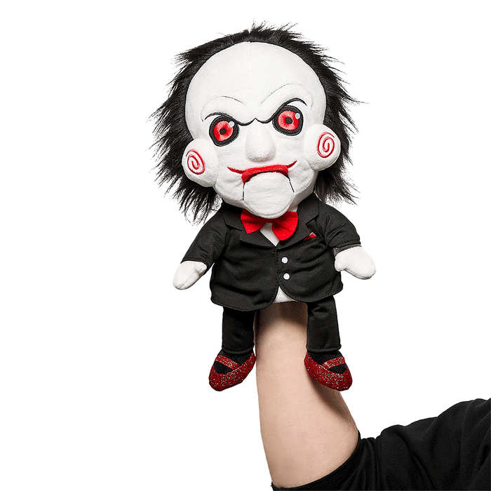 SAW Billy the Puppet 13-inch plush hand puppet from the horror movie franchise, featuring detailed design and soft plush material.