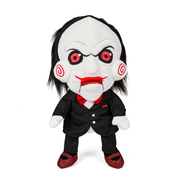 13-inch Saw Billy the Puppet plush hand puppet with detailed design, soft fabric, and interactive features for horror-themed play.