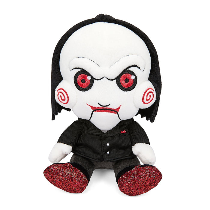 Soft 8-inch Billy the Puppet plush from Saw, featuring detailed stitching and expressive eyes, perfect for horror fans.