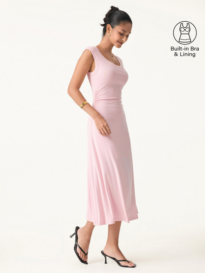 OGLmove Scoop Neck Side Ruched New Airy Bra Midi Dress