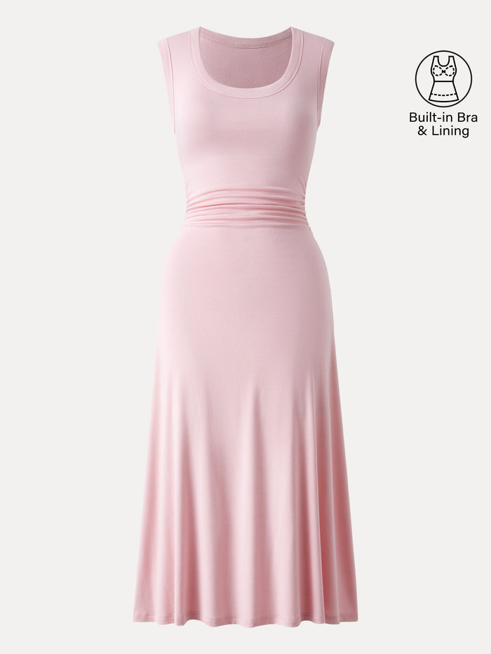 OGLmove Scoop Neck Side Ruched New Airy Bra Midi Dress