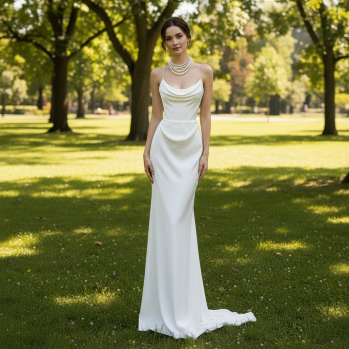 Scoop Neck Simple Wedding Dress With Detachable Cape - Rosymae