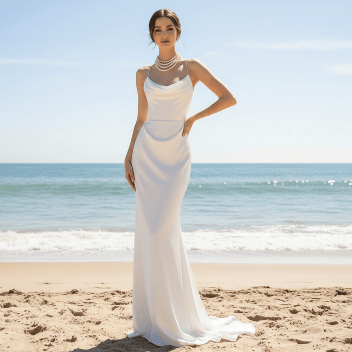 Scoop Neck Simple Wedding Dress With Detachable Cape - Rosymae