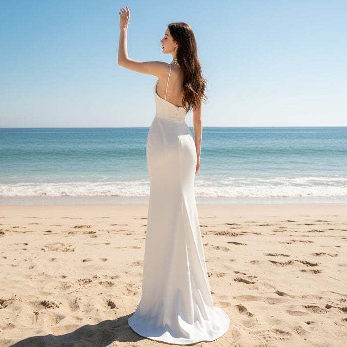 Scoop Neck Simple Wedding Dress With Detachable Cape - Rosymae