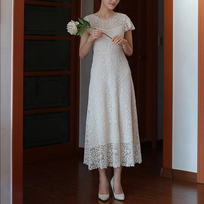 Scoop Short and Tea Length Lace Wedding Dress with Short Sleeve - Rosymae
