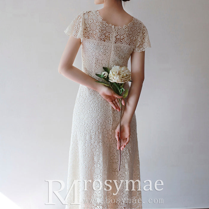Scoop Short and Tea Length Lace Wedding Dress with Short Sleeve - Rosymae