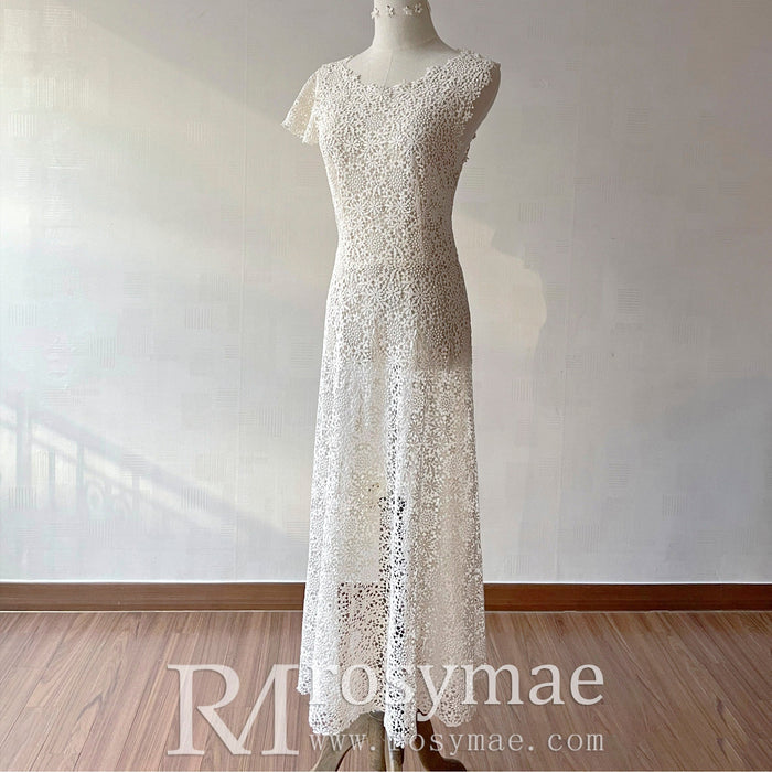 Scoop Short and Tea Length Lace Wedding Dress with Short Sleeve - Rosymae