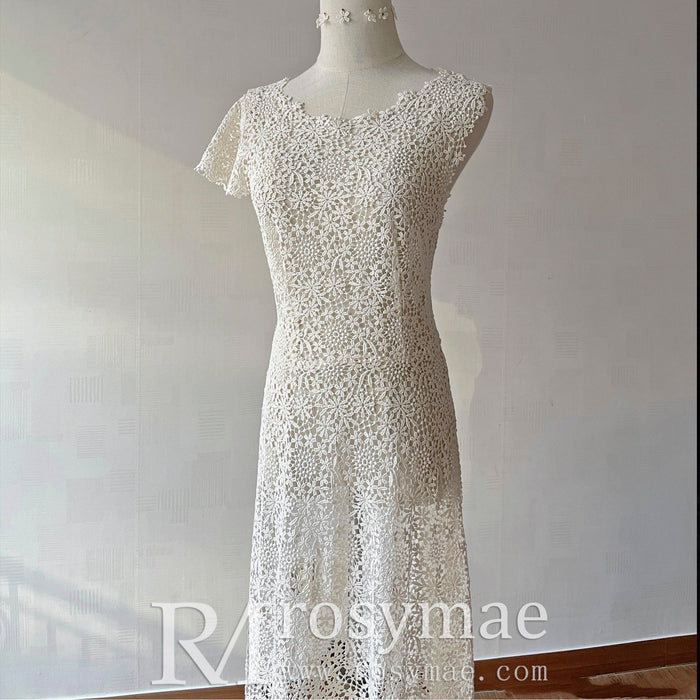 Scoop Short and Tea Length Lace Wedding Dress with Short Sleeve - Rosymae