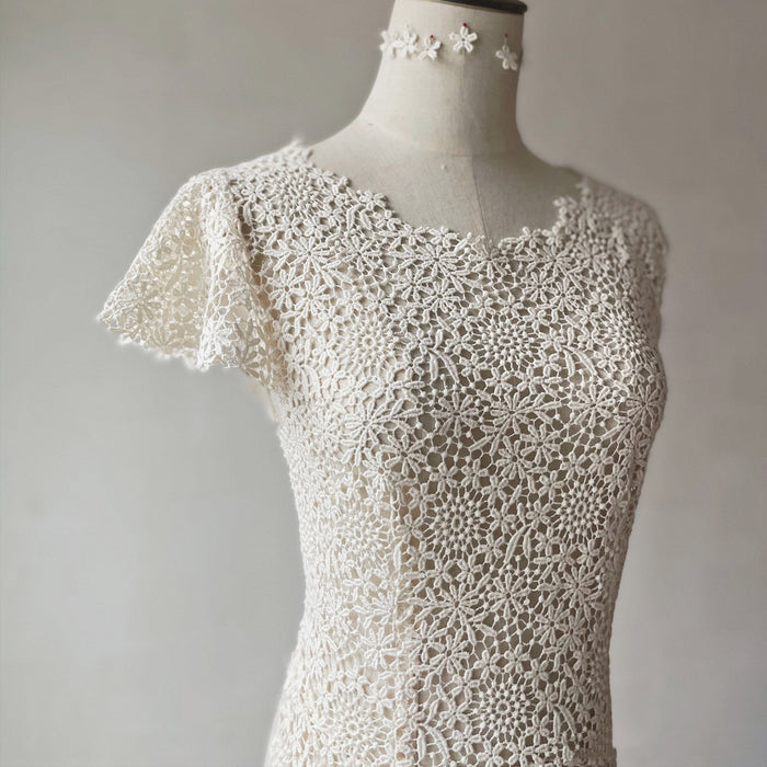 Scoop Short and Tea Length Lace Wedding Dress with Short Sleeve - Rosymae
