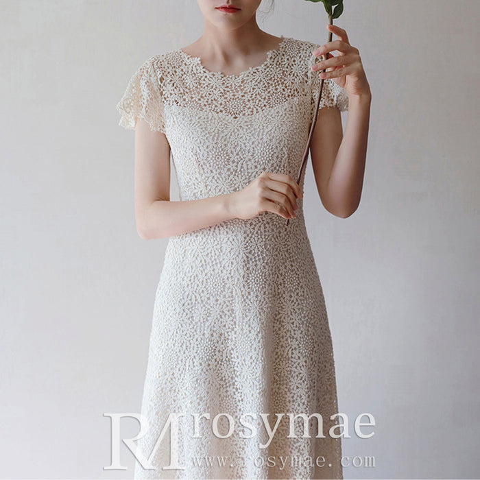 Scoop Short and Tea Length Lace Wedding Dress with Short Sleeve - Rosymae