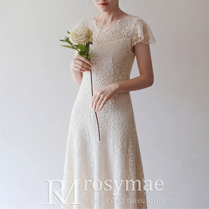 Scoop Short and Tea Length Lace Wedding Dress with Short Sleeve - Rosymae