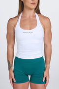 Seamless halter neck tank top, with supportive built in bra, U neck design and open back, with PEPPAMINT centre chest branding in white