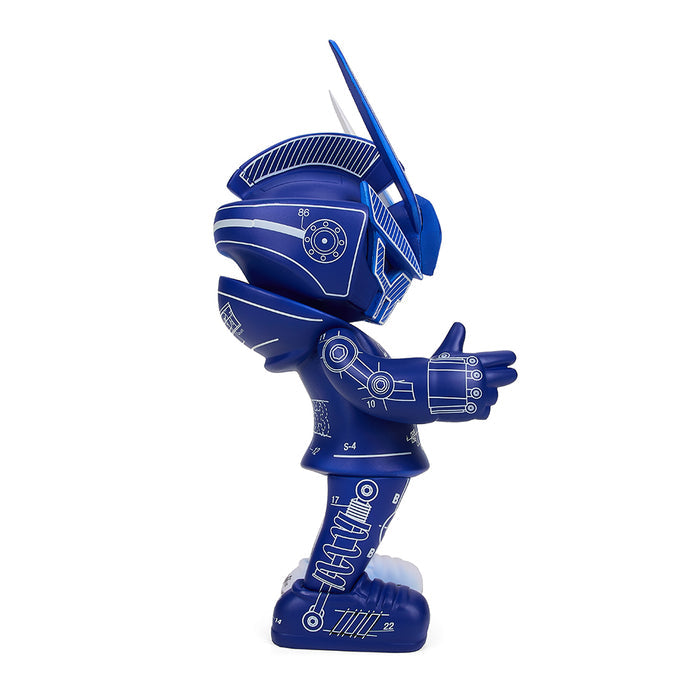 SDCC 2022 Sergio Mancini x Quiccs TEQ63 Blueprint Edition 6-inch art figure in vinyl with detailed blue print design.