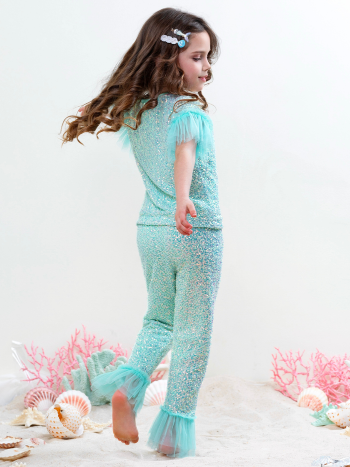 Toddler girl seafoam outfit with glitter texture and ruffle hems