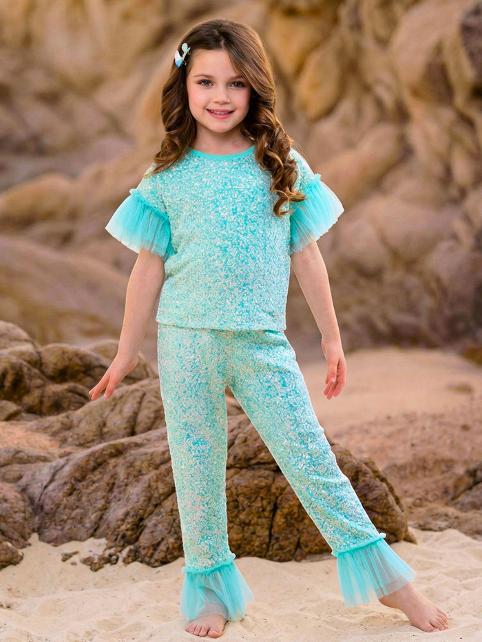 Seafoam Sparkle Top and Ruffle Pant Set Mia Belle Girls