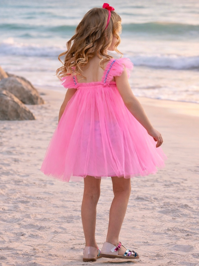Kids beach dress with pink tulle and sparkle details