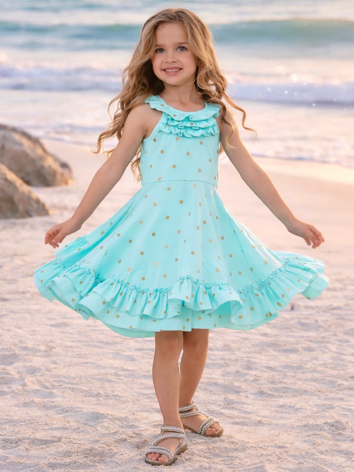 Girl wearing aqua polka dot dress with ruffle hem on the beach