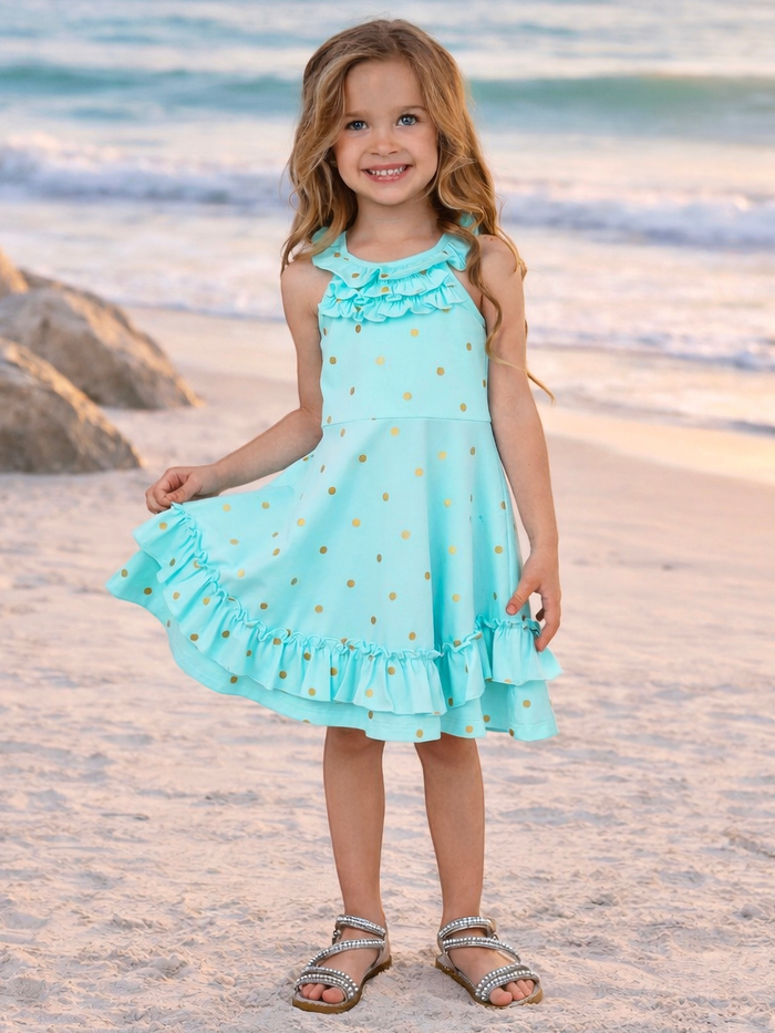 Kids beach dress with aqua color and flowy ruffle skirt