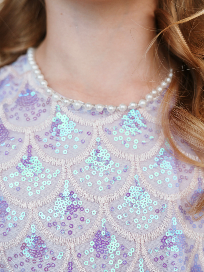 girls sequin mermaid dress with pearl neckline