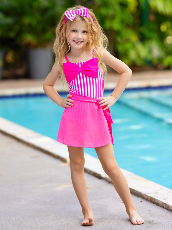Seaside Stripes Pink Bow One-Piece Swimsuit