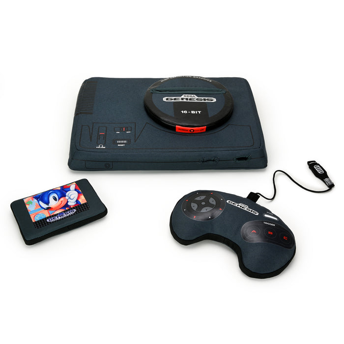SEGA Genesis plush toy with Sonic cartridge, 12-inch interactive plush gaming console featuring SEGA branding and Sonic character details.