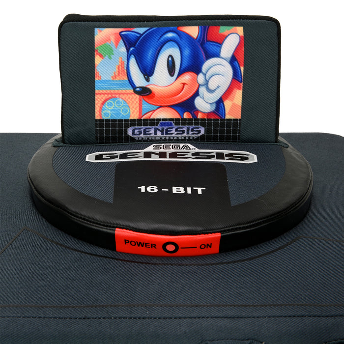 SEGA Genesis plush toy with interactive features, includes Sonic cartridge, soft plush gaming console replica for kids and collectors.