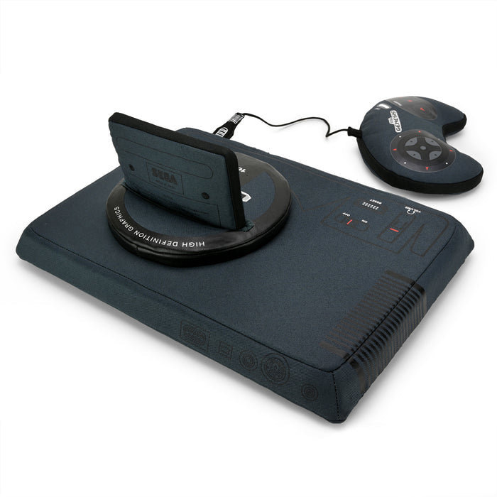SEGA Genesis gaming console plush toy with Sonic cartridge, 12-inch interactive SEGA-branded plush for fans and collectors.