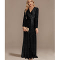 Sequins Long Sleeves Evening Dress High Back V-Neck Prom Dress - Rosymae