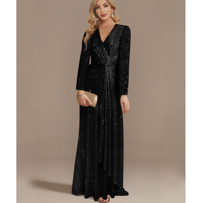 Sequins Long Sleeves Evening Dress High Back V-Neck Prom Dress - Rosymae