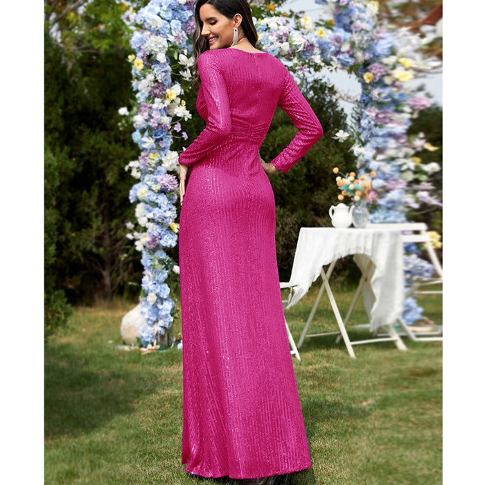 Sequins Long Sleeves Evening Dress High Back V-Neck Prom Dress - Rosymae