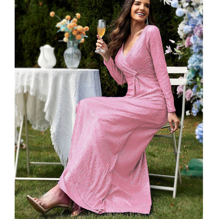Sequins Long Sleeves Evening Dress High Back V-Neck Prom Dress - Rosymae