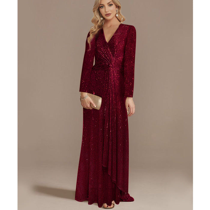 Sequins Long Sleeves Evening Dress High Back V-Neck Prom Dress - Rosymae